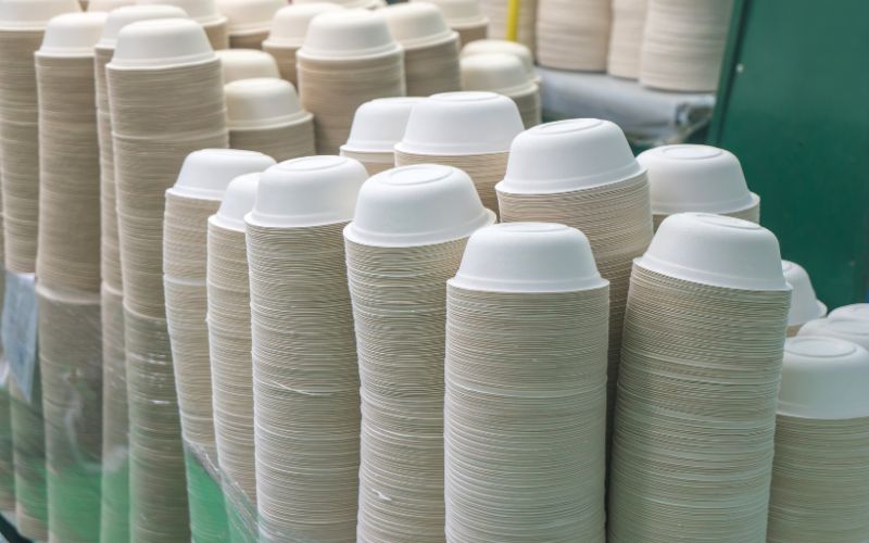 Conjunto de tigelas feitas de bagaço para armazenar alimentos em uma fábrica. Conjunto de tigelas feitas de bagaço para armazenar alimentos em uma fábrica.