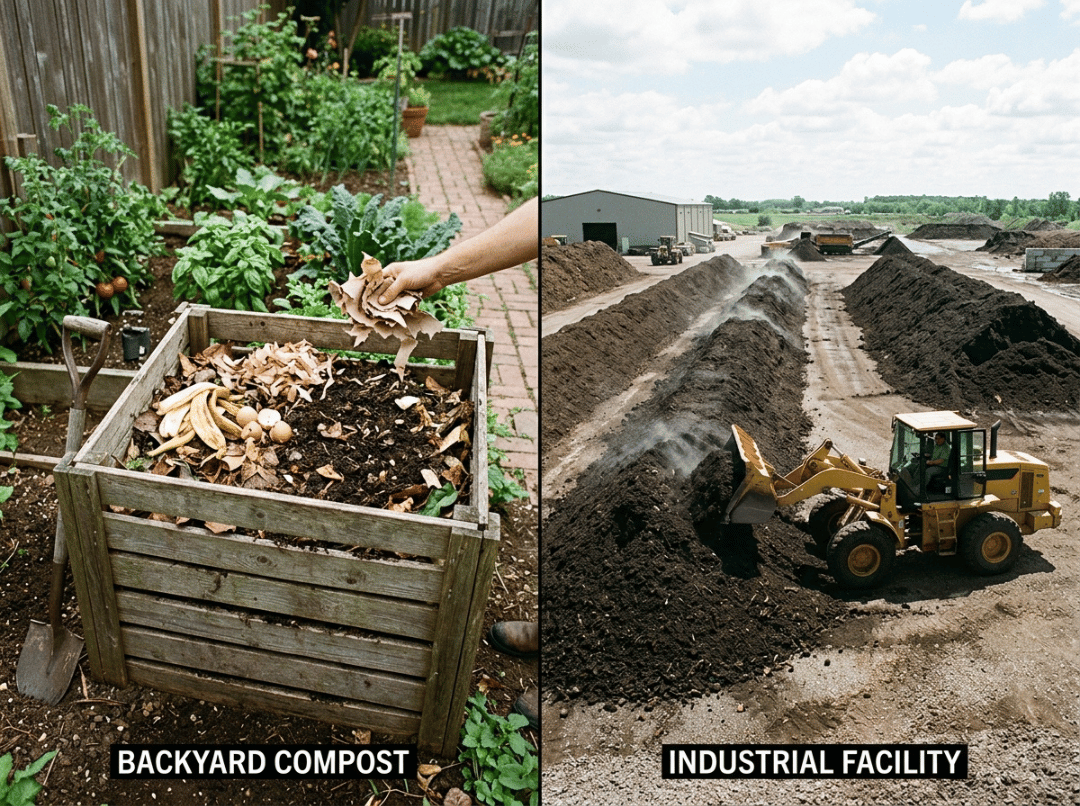 Backyard compost bin next to industrial composting facility Backyard compost bin next to industrial composting facility