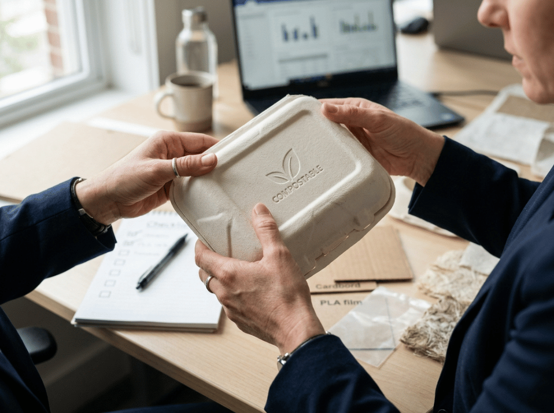 Buyer inspecting a compostable packaging sample with a checklist Buyer inspecting a compostable packaging sample with a checklist