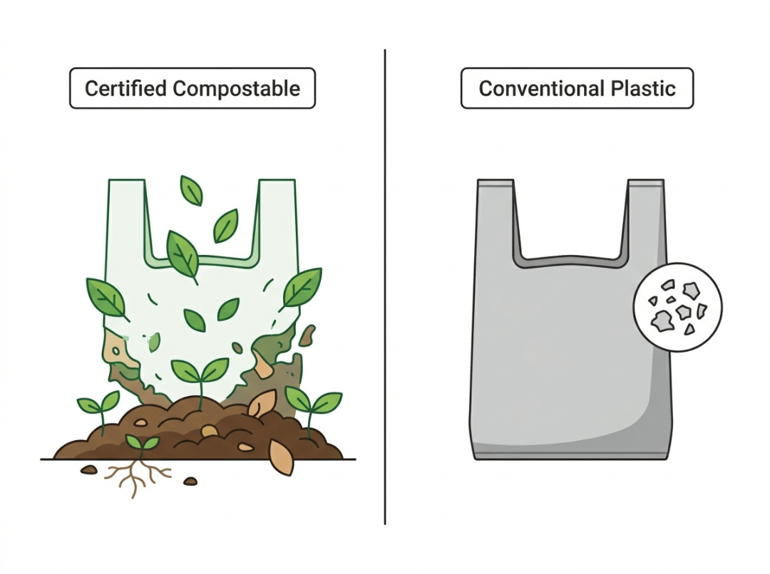 Compostable bag versus conventional plastic bag Compostable bag versus conventional plastic bag