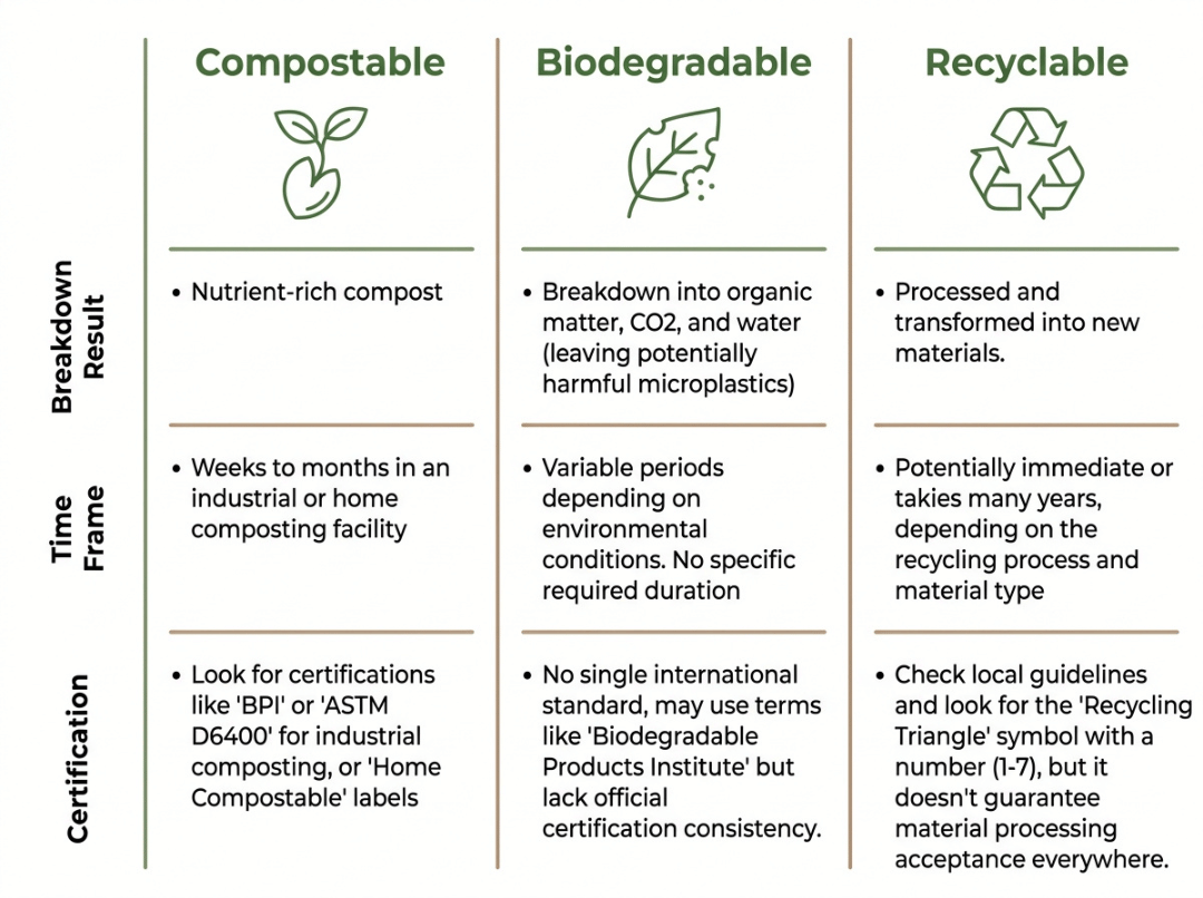 Compostable, biodegradable, recyclable term comparison Compostable, biodegradable, recyclable term comparison