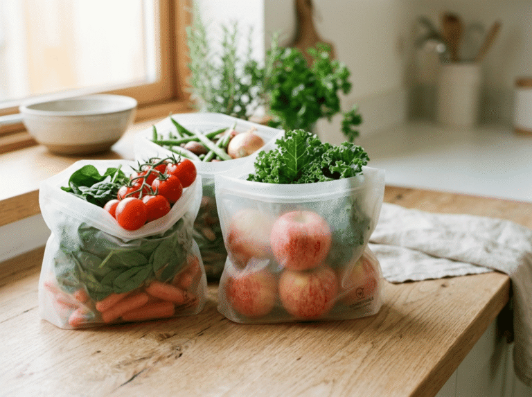 Compostable produce bags with fresh vegetables