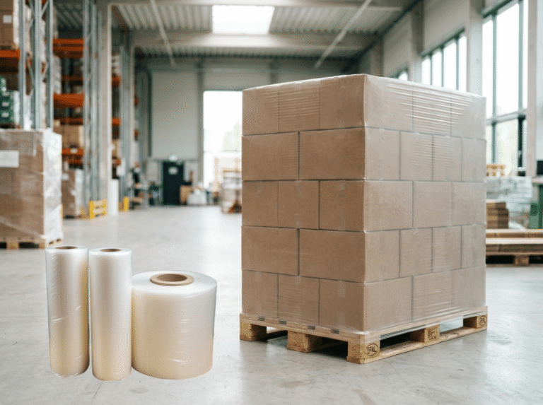 Compostable stretch film wrapping a warehouse pallet
