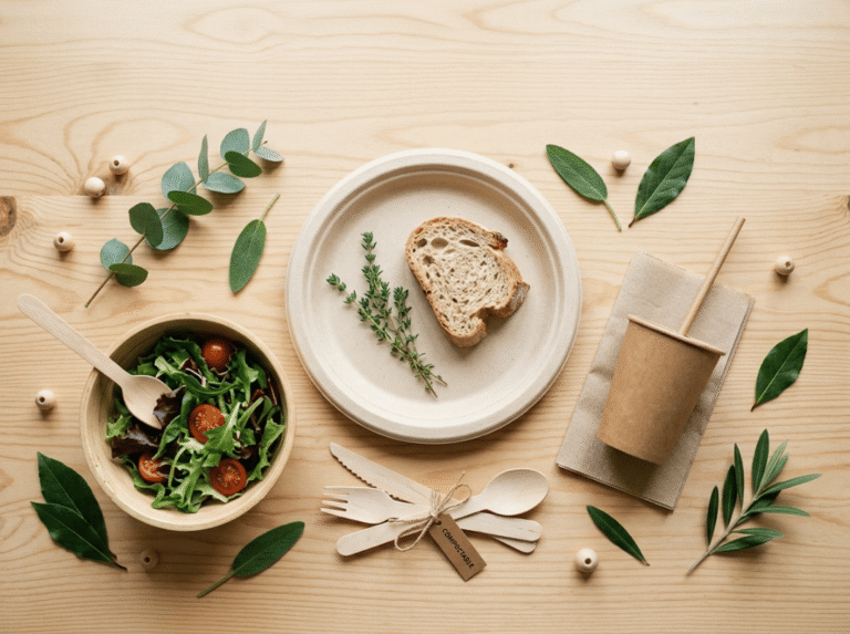 Eco friendly compostable plates, cups, and cutlery on wood