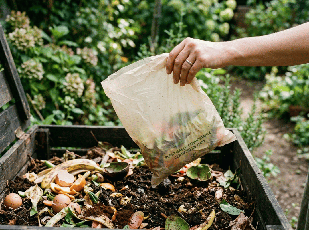 Generatedimage(3) Hand holding a compostable bag above a compost bin