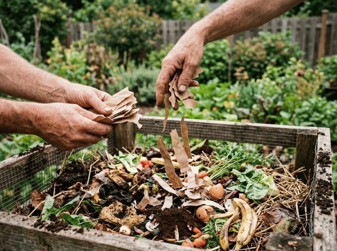 Hands adding torn paper bag pieces to compost Hands adding torn paper bag pieces to compost