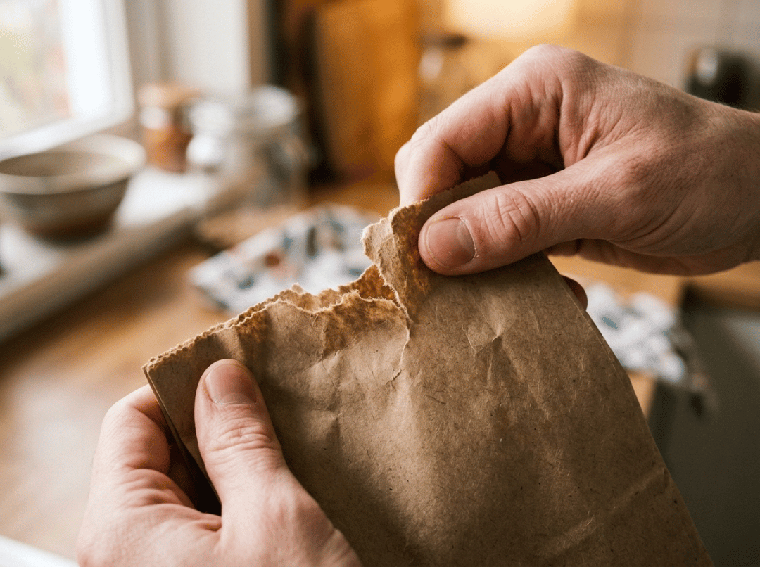 Hands tearing a brown paper bag corner Hands tearing a brown paper bag corner