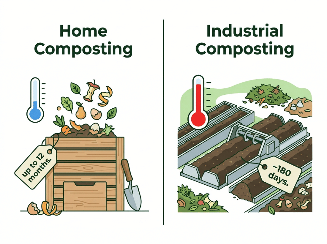Home compost bin versus industrial composting facility Home compost bin versus industrial composting facility