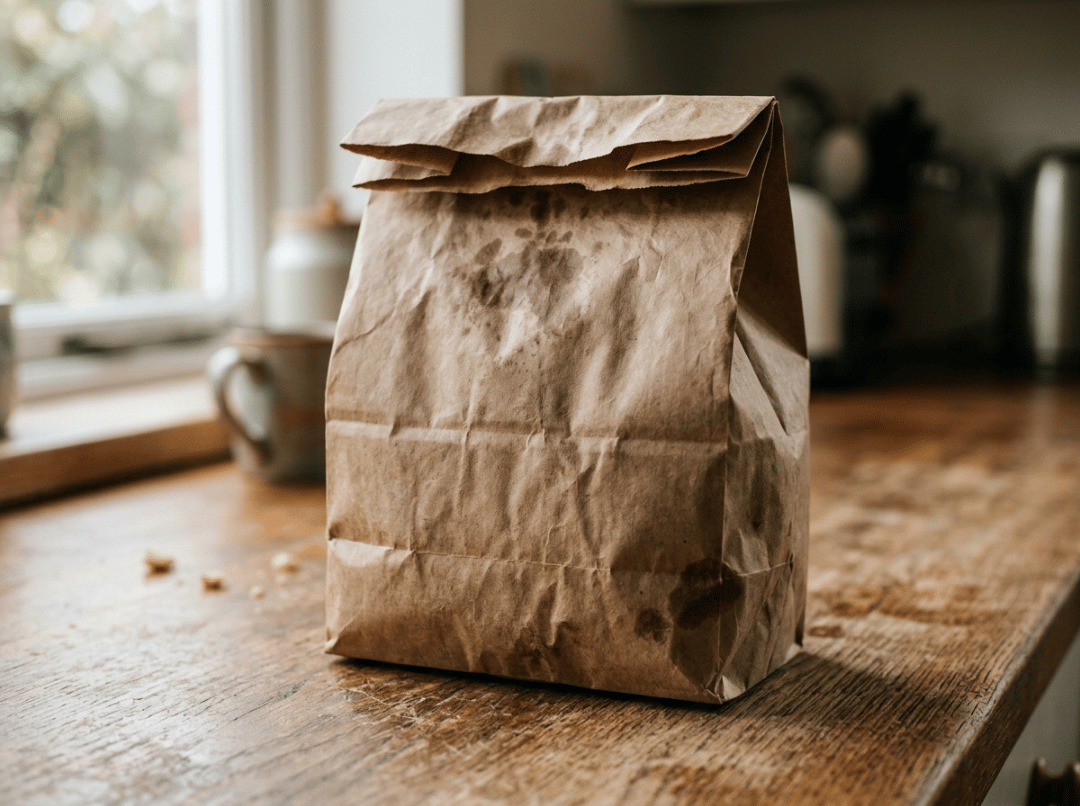 Lightly grease stained brown paper lunch bag Lightly grease stained brown paper lunch bag