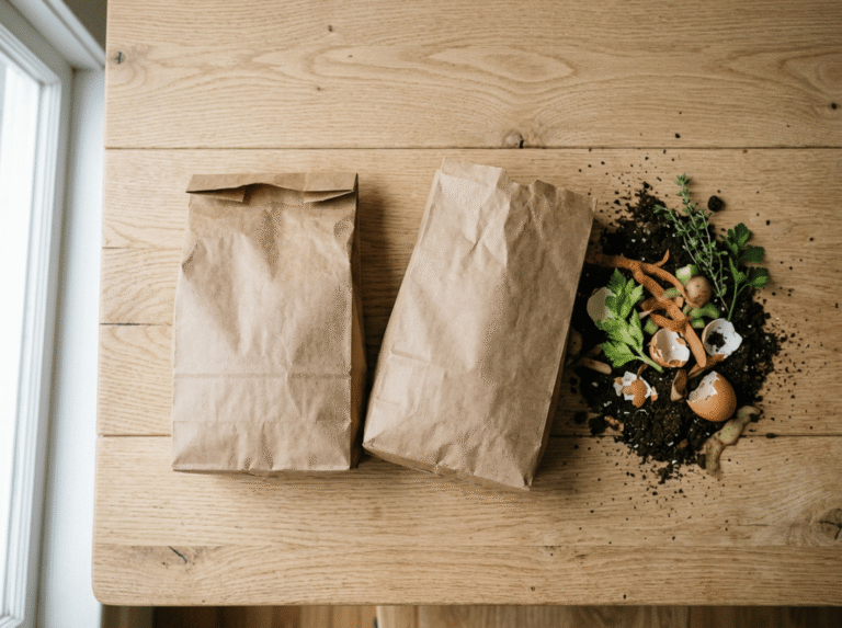 Plain brown paper bags beside soil and scraps