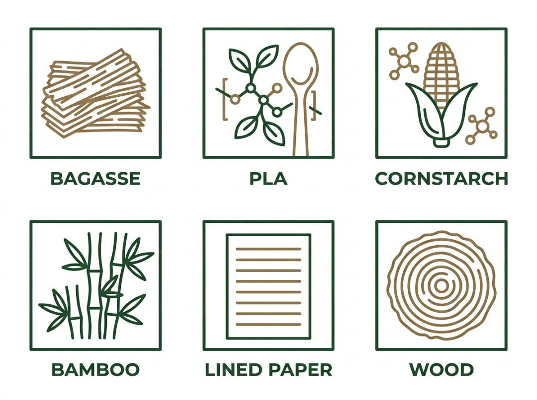 Six common compostable tableware materials in a grid Six common compostable tableware materials in a grid