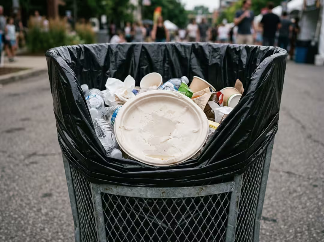 Compostable plate in trash bin Compostable plate in trash bin