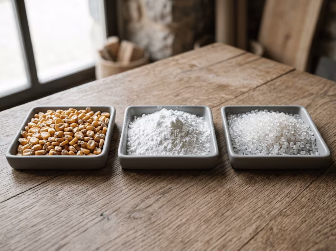 Corn starch and PLA pellets Corn starch and PLA pellets