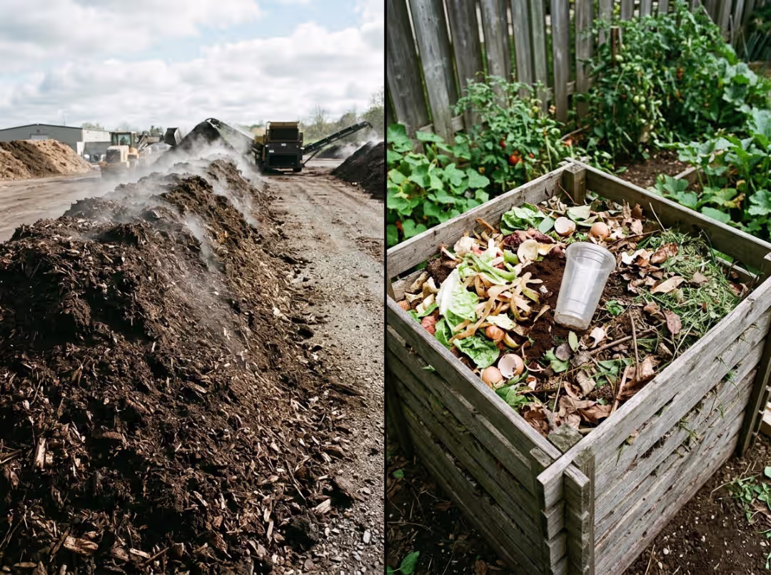 Industrial composting versus home compost bin with intact plastic cup Industrial composting versus home compost bin with intact plastic cup