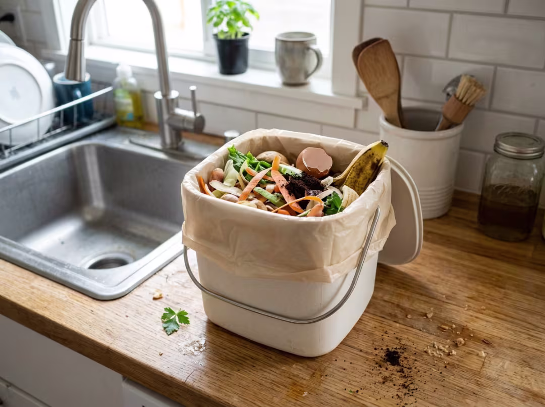 Kitchen compost bin with compostable bag and food scraps Kitchen compost bin with compostable bag and food scraps
