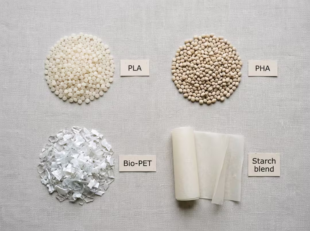 PLA, PHA, Bio PET, and starch blend bioplastic material samples PLA, PHA, Bio PET, and starch blend bioplastic material samples