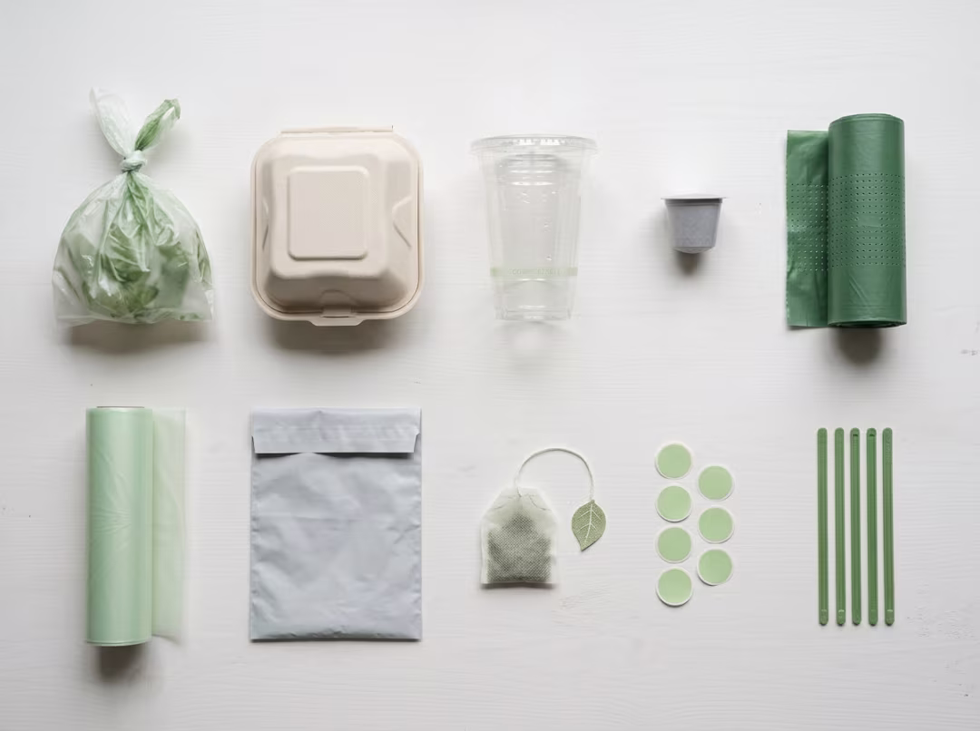 Ten everyday bioplastic product examples arranged in a grid Ten everyday bioplastic product examples arranged in a grid